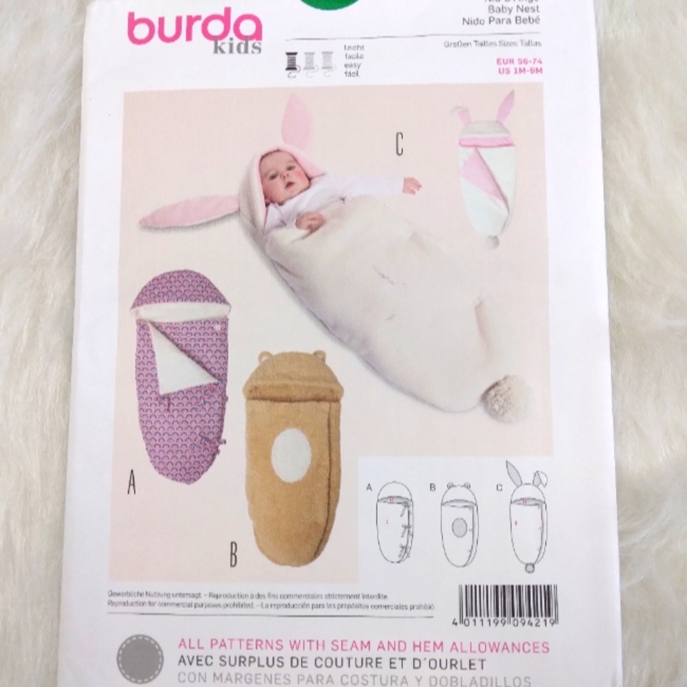 Burda 9421 Baby Nest in 3 Styles.  Classic, bunny, bear Sz 1 mo - 9 mo